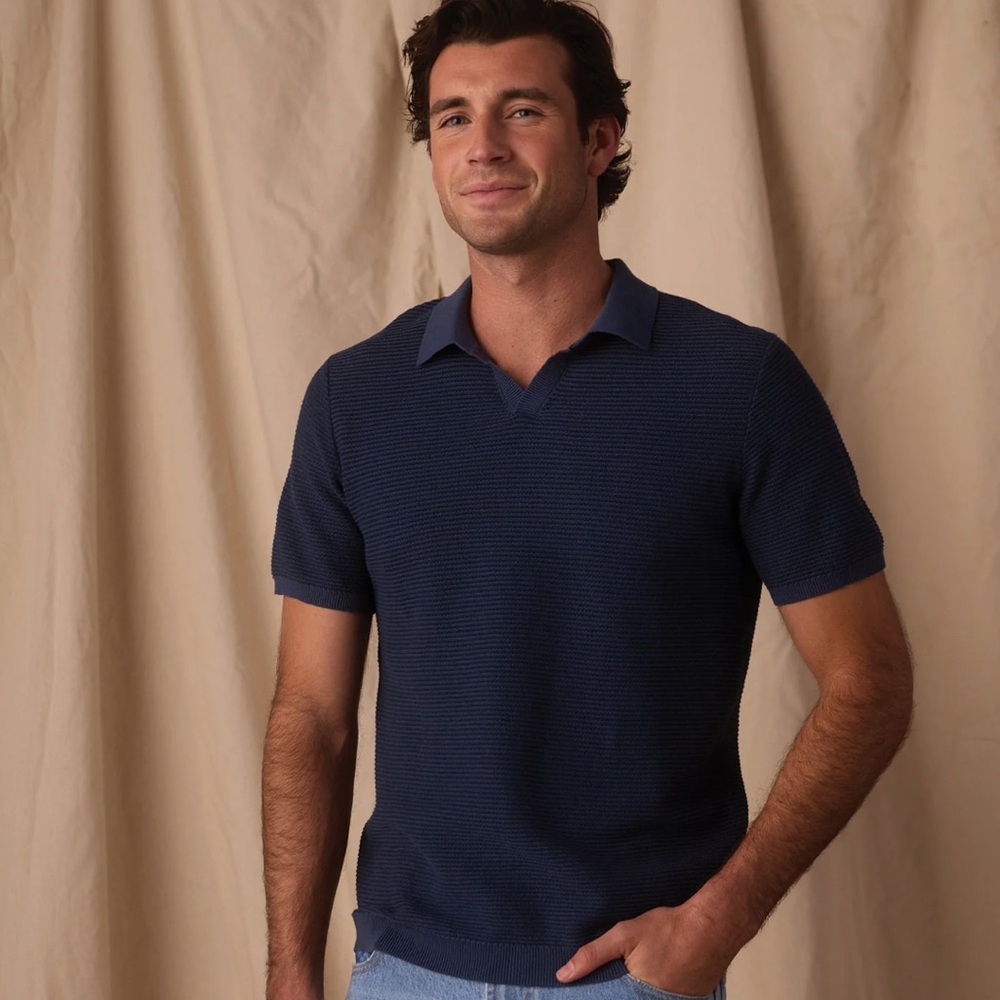 Robles Birdseye Knit Polo in Denim/Dark Navy